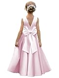 HEWEGO Pink Ball Gowns for Girls Toddler Peals Satin Bow-Knot Backless Flower Girl Dresses for Girls High Waist Princess Pageant Dress Size 4