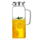 Glaskrug mit Edelstahldeckel / 1600 ml Klarglaskanne mit Griff / Borosilikat-Wasserkaraffe / für Tee, kaltes Wasser, Wein, Kaffee, Milch und Saft