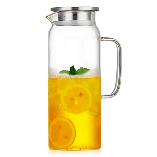 DOPUDO RHYTHM Glaskrug (1,5 ml) mit Edelstahldeckel und Ausguss, Borosilikatglas-Wasserflasche, klares Getränk Eistee Krug heißes kaltes Wasser Wein Kaffee Milch und Saft Karaffe Cover