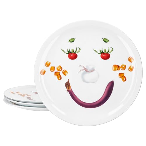 MamboCat Lot de 4 assiettes à pizza Smiley I Ø 30,5 cm I Plat de service amusant en porcelaine avec visage de légumes I Assiettes pour enfants, assiettes de fête, pizza familiale I pour pizza, tartes
