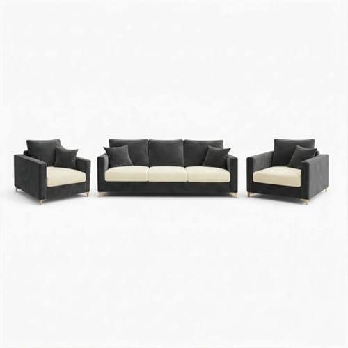 Image of Hayes Dual Tone Rich Velvet Suede 3+1+1 Seater Sofa Set | Golden Aesthetic Legs | Soft Touch Comfort Seating | 5 Person Seating | Modern Living Room Set (Dark Gray & Cream)