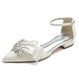 Women's Pointed Toe Crystal Wedding Flats for Bride Comfortable Satin Ivory Wedding Shoes Low Heels Ankle Strap Bridal Flats Evening Prom Party Dress Shoes Pumps Size 9