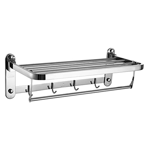 Luban King Foldable Towel Rack for Bathroom Hotel Wall Mounted, 23.6" Towel Shelf with 5 Towel Hooks and Adjustable Towel Rack, 304 Stainless Towel Multi-function Rack Holder, Movable Towel Rack Shelf