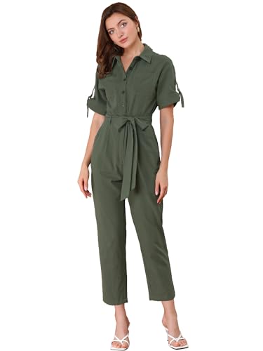 Allegra K Women's Short Sleeve Collared Cropped Coverall Button Down Tie Waist Cotton Cargo Jumpsuit Large Green