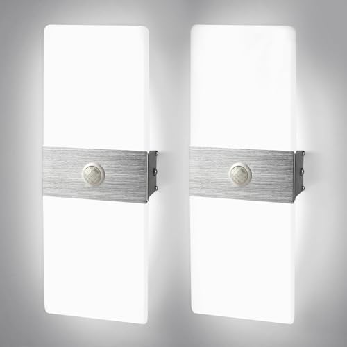 JaneYi Lot de 2 Appliques Murales Intérieures LED avec Détecteur de Mouvement 12W Blanc Froid 6500K Lampe Murale Moderne Acrylique Aluminium Luminaire Mural...