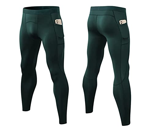 Men's Compression Pants Pocket Running Leggings Tights Cool Dry Yoga Athletic Workout Sports Thermal Baselayer Green Xl #TOP1