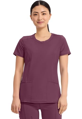 Cherokee Infinity Scrubs for Women Round Neck Scrub Top with 3 Pockets & 360° Stretch 2624A, S, Wine