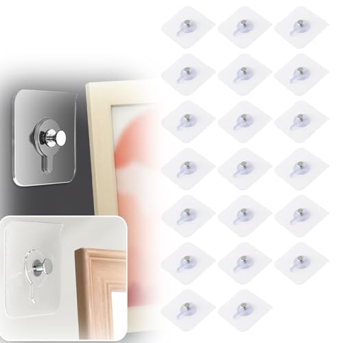Image of Drill Free Adhesive Hooks,Picture Hangers Without Nails,Adhesive Wall Mount Screw Hooks for Hanging,Nail Free Wall Hangers for Kitchen,Bathroom (Transparent / 20PCS, 2.36 * 2.36 inch)