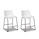 Signature Design by Ashley Centiar Casual Bucket Seat Dining Upholstered Bar Stool with Black Metal Base, Set of 2, Faux Leather, 23.75' Seat Height, White