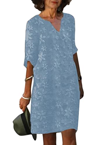 shownicer Leinenkleid Damen Kurzarm Sommerkleid mit Spitzen Boho Kleid Strandkleid Knielang Leinenkleider Baumwolle Leinen Blusenkleid Freizeitkleid...