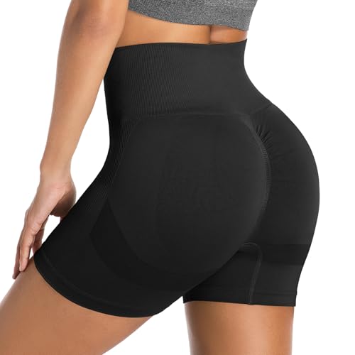 Getervb Mallas Cortas Mujer Push Up Pantalones Cortos Mujer Deporte Cintura Alta Short Deportivo Elásticas para Gym Yoga Correr Fitness Running Jogging Negro L