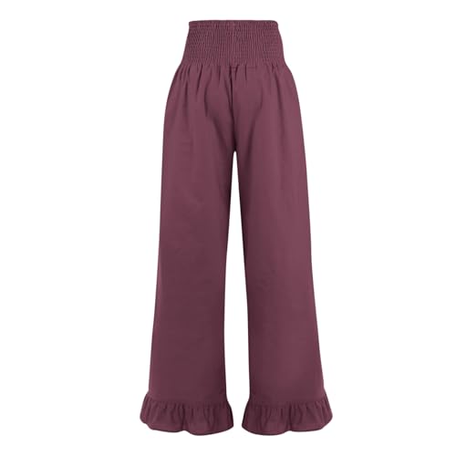 Image of Womens Linen Palazzo Pants Ruffle Hem Drawstring Boho Trousers Beach Travel Vacation Outfits