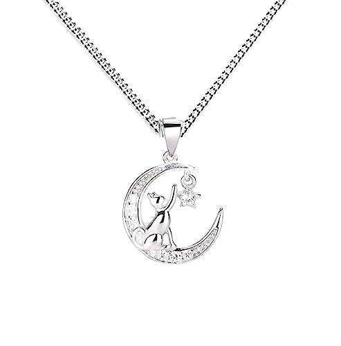 Kaguyo - Collar de gato para mujer, plata de ley 925, circonita cúbica, gato en la luna, collar con colgante de estrella de sueño, regalo para mujeres y niñas