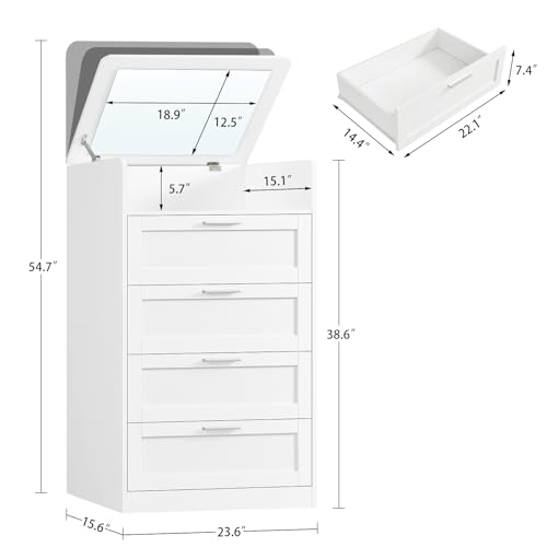 Image of TEENFON Dresser for Bedroom, Tall White Dresser with 4 Drawers, Dressers with Mirror, Chest of Drawers for Bedroom, Living Room, Closet, Hallway, White