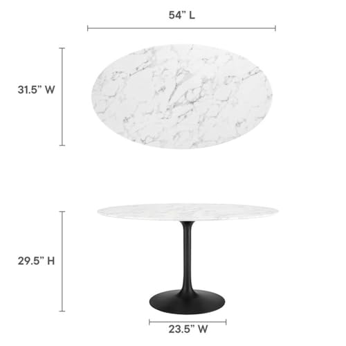Image of Modway Lippa 54 inch Oval-Shaped Mid-Century Modern Dining Table with Artificial Marble Top and Black Base