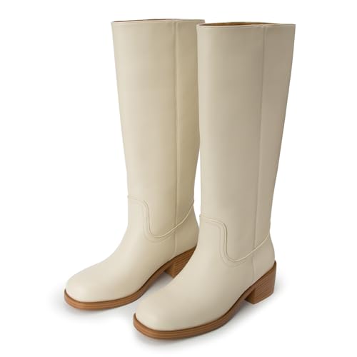 Image of Gothictor Women's Banana Knee High Boots Square Toe Chunky Block Heel Comfortable Low Heel Pull on Wide Calf Riding Long Boots for Women
