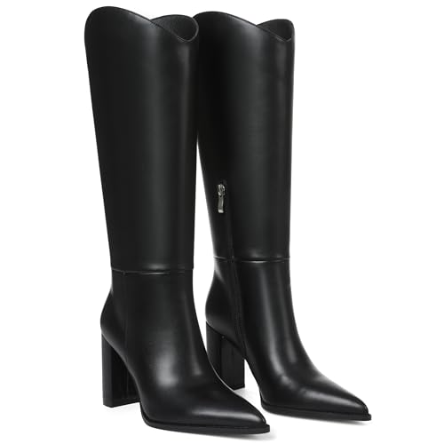 SaraIris Women's Black Knee High Boots Wide Calf Chunky High Heel Pointed Toe Zipper Comfortable Casual Boots3