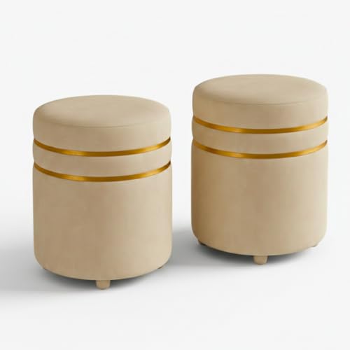 Image of Decorative Ottoman Pouffes for Sitting - Two-Piece Set of Puffy Stools and Footstools - Round Ottoman Stool for Living Room Furniture (Cream)