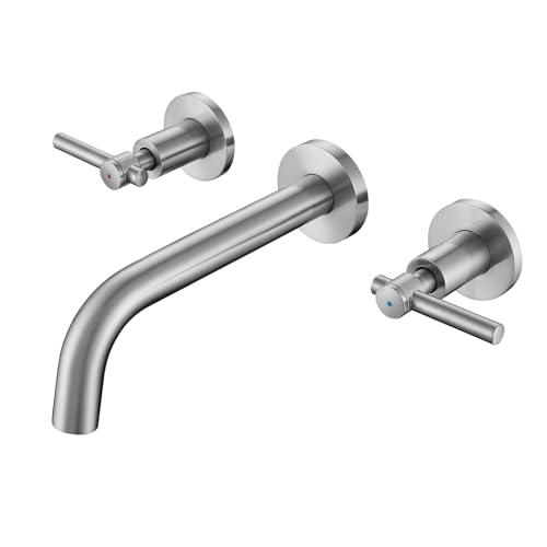 Solid Brass Wall Mount Tub Filler Two Handle Bathtub Faucet Extra Long Spout Reach with High Flow Bathtub Faucet Set with Rough-in Valve Included Flow Brushed Nickel