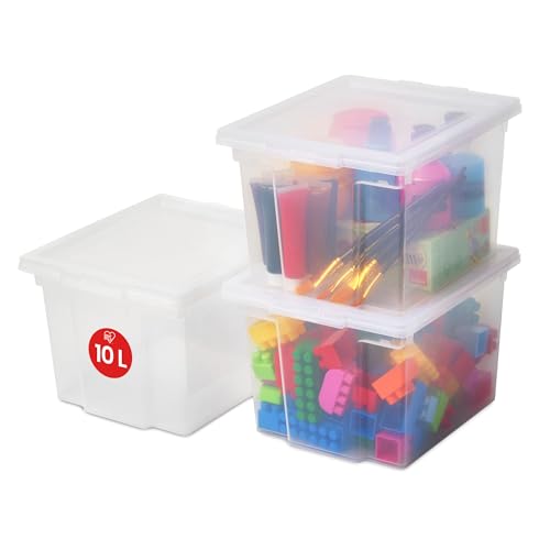 Iris Ohyama 3 Cajas de Almacenaje Plástico Versátiles con Tapa, 10L, Transparente, Cierre fácil, Apilable, para Armario, Estante, Aula, Organizadora, Ropa, Zapatos, Libre de BPA, USB-S