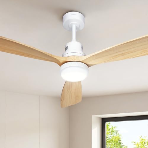 Devanti 52Inch Ceiling Fans with Light and Remote, 3 Wooden Blades, DC Motor, 6 Speeds, Up to 8H Timer Setting, 3 Colour Lighting, 132cm Reversible Fan for Indoor Bedroom Living Room - Light Wood