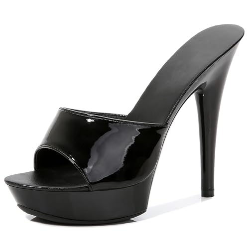 QEOSNBX Women Fish Mouth Sky High Heel Platform Sexy Party Slides Round Open Toe Slip On High Heeled Backless Prom Sandals Fashion Stiletto Dress Bridal Evening Shoes (Black,8)