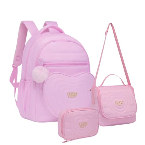 Kit Mochila de Costas Estojo Box e Lancheira Coração Fashion Escolar Rosa