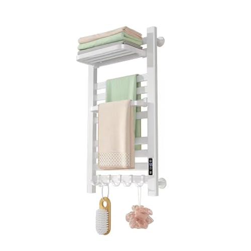 Könighaus Badheizkörper als Handtuchwärmer - 180W - Kleb- & schraubbare Montage - rostfreier Handtuchheizkörper aus Aluminium – Farbe: weiss - inkl. 5 Haken, klappbarer Bügel & Digital Anzeige