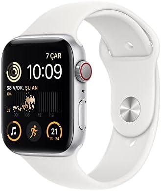 Apple Watch SE (2. Nesil) [GPS + Cellular 44 mm] Akıllı Saat, Gümüş Rengi Alüminyum Kasa ve Beyaz Spor Kordon. Fitness ve Uyku Takibi, Trafik Kazası Algılama, Kalp Atış Hızı Takibi, Retina Ekran