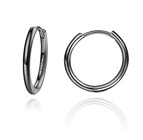Sterling 925 Petite Créole Hoop Boucles Doreilles Femme Noir Anneau Anneaux Oreilles Argent Homme Ronde Mini Creoles 12 MM
