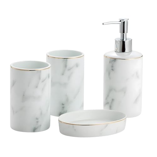 Santentre INK WHITE 03 Santenre 4 Piece Ceramic Bathroom Accessory Set, Luxury Bathroom Sets Accessories With Soap Dispenser, Toothbrush Holder, Tumbler, Soap Dish cover