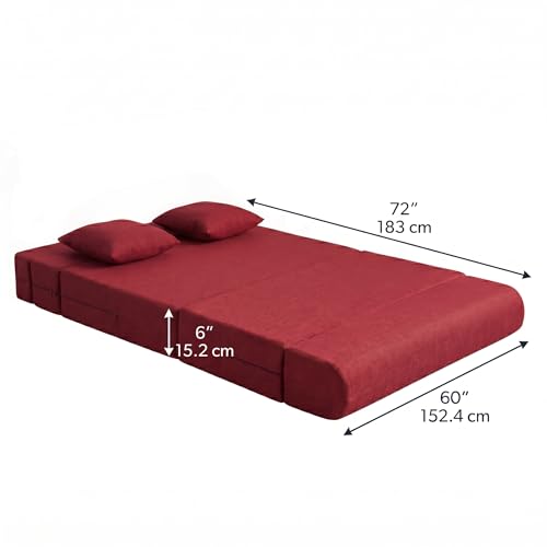 Image of Foldable Three Seater Sofa Bed 5 X 6 Ft Jute Fabric Washable Cover Sofa Cum Bed with Cushions Convertible Sofa Bed for Home (Red Color - Pre-Assembled)