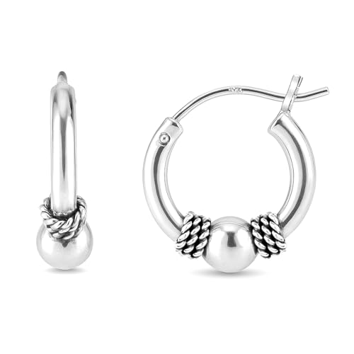 LeCalla 925 Sterling Silver Jewelry Oxidized Balinese Hoops Earring Click-Top Small Bali Hoop Earrings for Women Teen