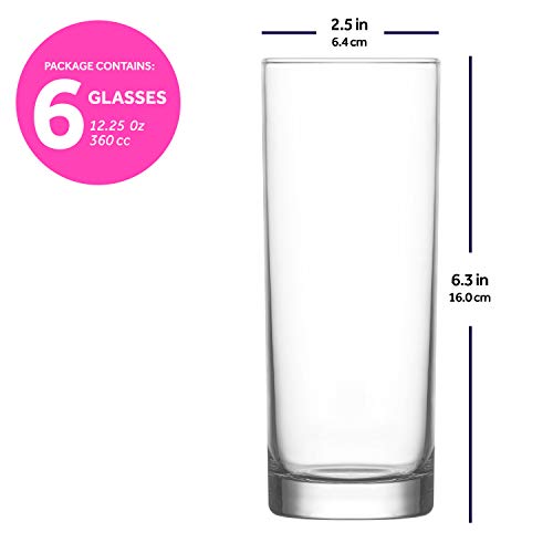 LAV Highball Cocktail Glasses for Long Drinks 6-Piece, 12.25 Oz Tall Glasses with Heavy Base for Home and Bars, Clear Lead-Free Drinking Cups Perfect Choice for Beverages & Water & Juice