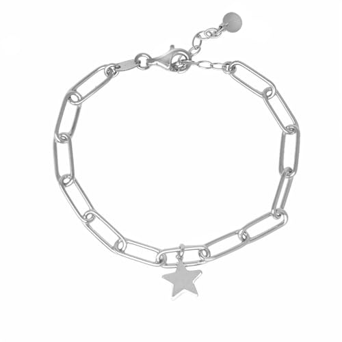 WANDA PLATA  Pulsera Cadena Estrella, Plata de Ley 925, Ajustable 16 19 cm, Cadena Paperclip, en Caja de Regalo