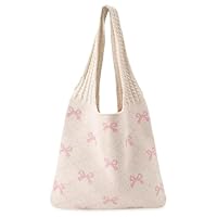 ZYEKIU Beige Häkeltasche mit Rosa Schleifen, Gehäkelte Tasche Leicht, Strandtasche Große Kapazität, Gehäkelte Tragetasche Tragbar, Tote Bag Aesthetic für Reisen Einkaufen Dating Strand (Beige)