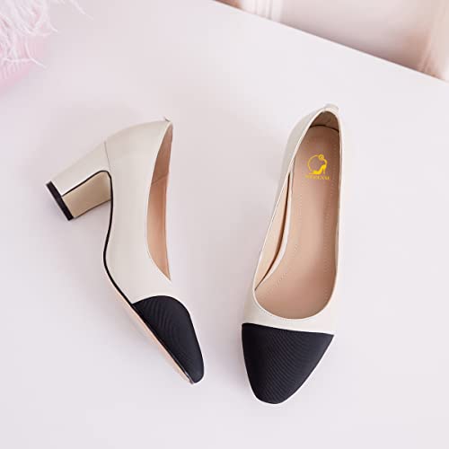 SHODENSE Women Classic Chunky Block Heel Pumps Cap Toe Two Toned 2.5" Heel Dress Shoes Slip On Almond Closed Toe Dress Sandals Patchwork Colorblock Formal Office Work Pump Wedding Evening 4-11 M US3