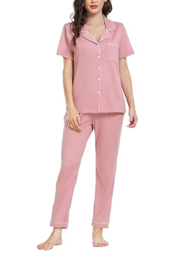 Lovasy Dampyjamas, tvådelad kort pyjamas-set, loungewear, nattkläder, pyjamas för kvinnor, långa byxor med fickor, tonåring, flickor, sexig, bomull, shorty, B-rosa, L