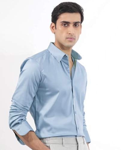 Image of IndoPrimo Men's Satin Shirt with Spread Collar Neck Line Solid Pattern Full Sleeves Regular Fit Western Style and Standard Length