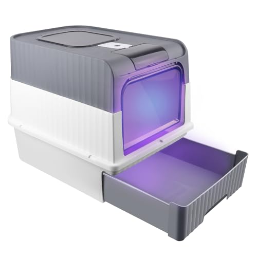 Lettiera per gatti con sterilizzazione UV per Gatti con Coperchio Forato Nessun Odore e Fuoriuscita di Rifiuti, Entrata Superiore Lettiera Chiusa Paletta Inclusa per Gatto,48 * 35 * 36 cm-grigio