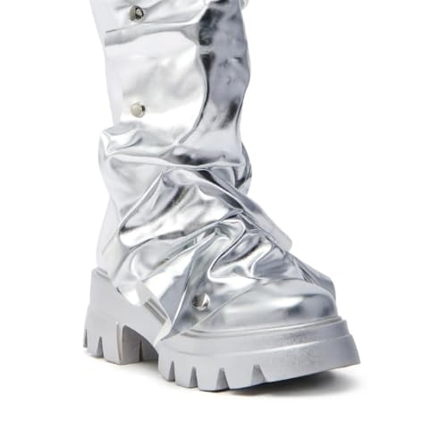 Women's Shin Metallic Fashion Buttons Long Boots Ladies Unique Wrinkled Chunky Sole Trendy High Boots3