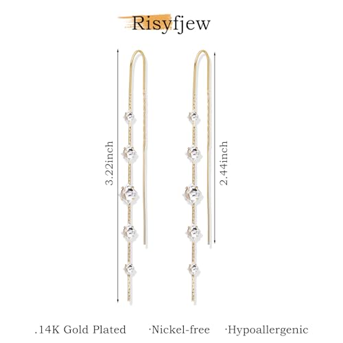 Gold Dangle Earrings for Women, 14K Threader Long Chain Drop Earrings Dangling Dainty Elegant Ear Chain with Tassel and Cubic Zirconia for Wedding Trendy Jewelry Gifts4