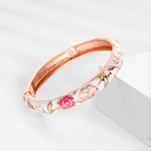 Image of UJOY Vintage Jewelry Cloisonne Handcrafted Flower Enameled Gorgeous Rhinestone Hinged Cuff Bracelet Bangles Gifts 88A10