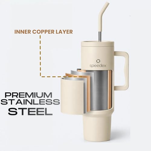 Image of Speedex 1200 ml Insulated Stainless Steel Tumbler with Handle, Straw & Cleaning Brush, Double Wall Leakproof Sipper Bottle, 24H Cold 18H Hot, Cup Holder Fit Travel Mug for Men Women (Cream, 1.2 l)