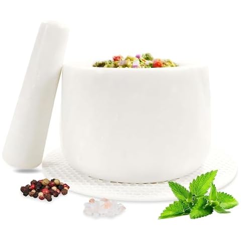 Large Mortar and Pestle Set with Anti-Scratch Silicone Pad,2.3 Cups,6" Mortar and Pestle Set Heavy Duty Grinder Bowl,Herb Crusher,Masher Guacamole Bowls,Spice Grinder,Natural Marble(Polished White) Cover