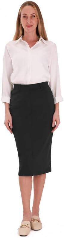Houmous Women's Cotton Work Pencil Skirt Stretch Office Midi Below Knee Bodycon Belt Loops Back Slit Pockets - Image 2