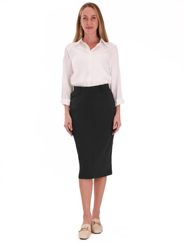 Houmous Women's Cotton Work Pencil Skirt Stretch Office Midi Below Knee Bodycon Belt Loops Back Slit Pockets3