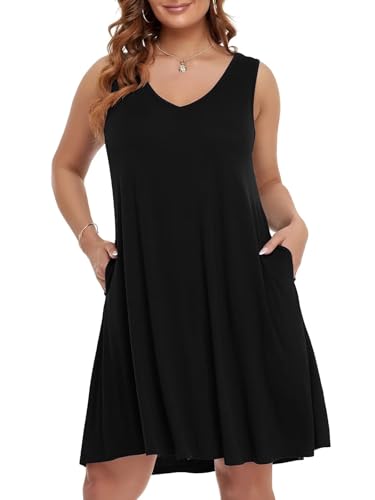 Image of BELAROI Women Casual Summer Beach Dresses Plus Size Sundress V Neck Pockets Swing Tank Dress Cover Ups