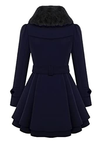 OMZIN Women's Long Shaggy Belted Pea Coat Slim Faux Fur Collar Coat Bridal Jacket with Belt2