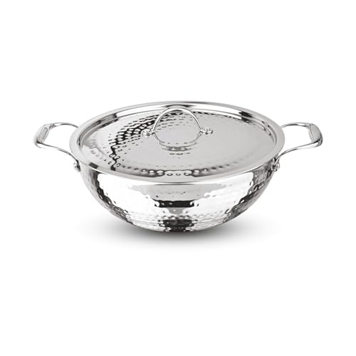 Image of Signoraware Artista Tri Ply Stainless Steel Hammered Deep Kadhai 28cm with Steel Lid | Elegant Finish | Even Heat Distribution | Ideal for Deep Frying & Daily Indian Cooking Needs (5 LTR | Steel)
